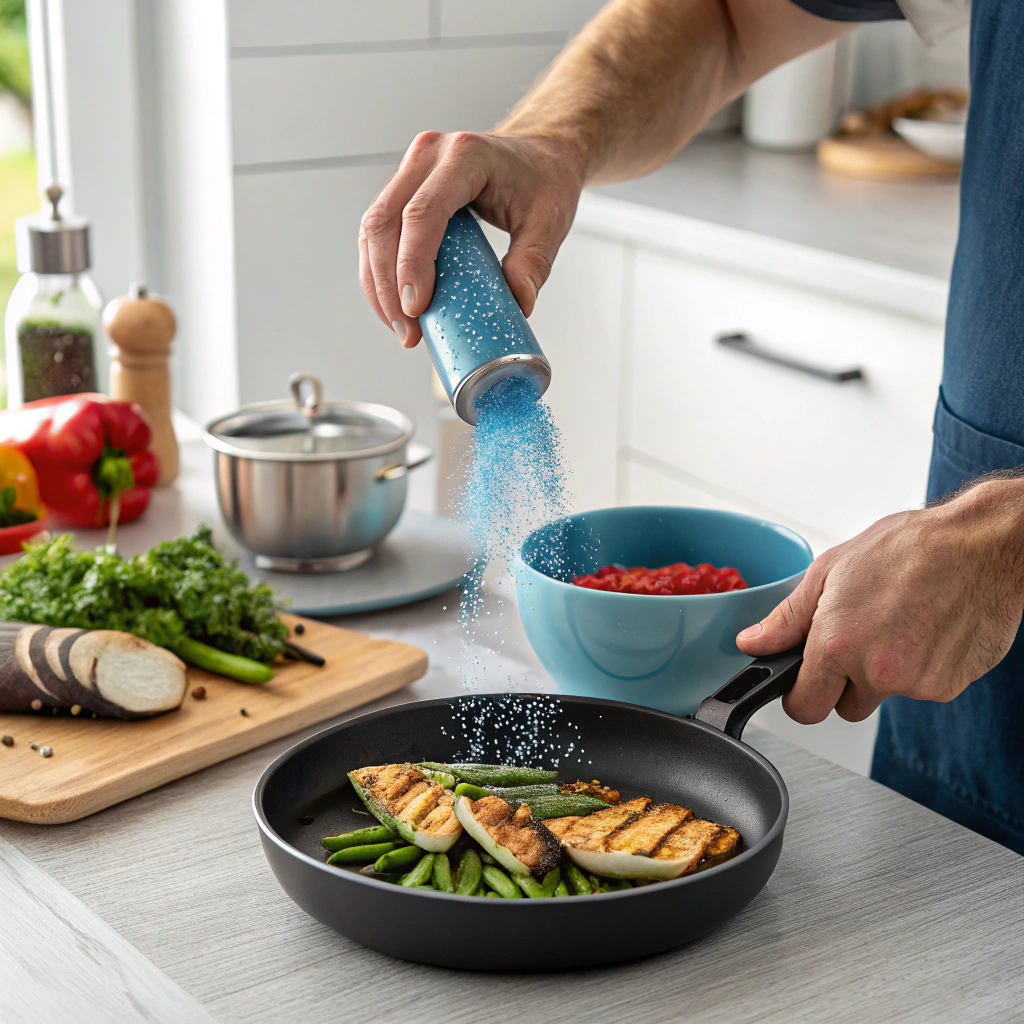 Men using blue salt for cooking - practical application in modern kitchen