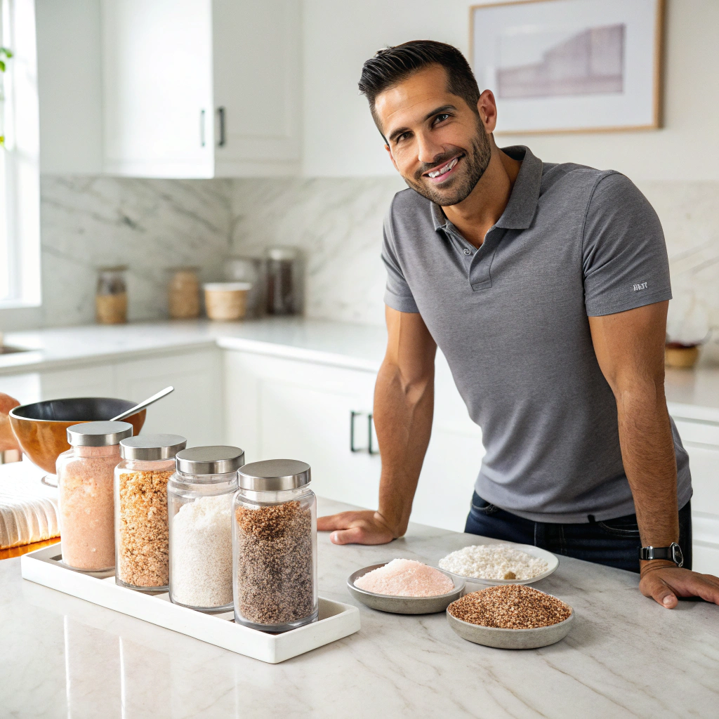 Salt trick for men - confident man with various salt types for health and wellness