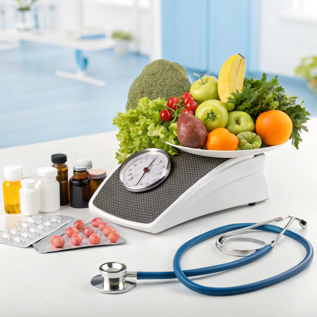 Whoopi Goldberg Mounjaro weight loss medical concept with scale and healthy foods